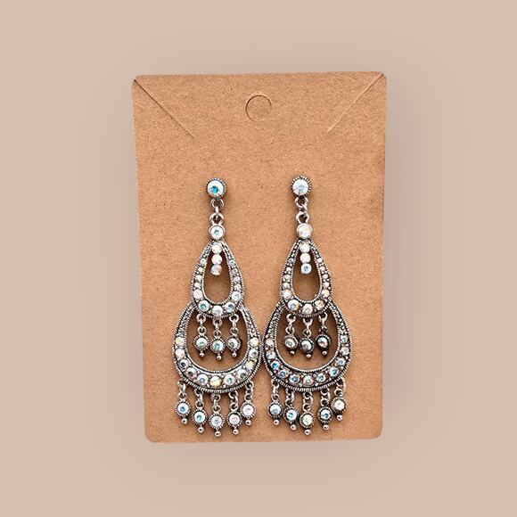 Iridescent Rhinestone Chandelier Earrings – Silver Drop Dangle - Picture 6 of 7